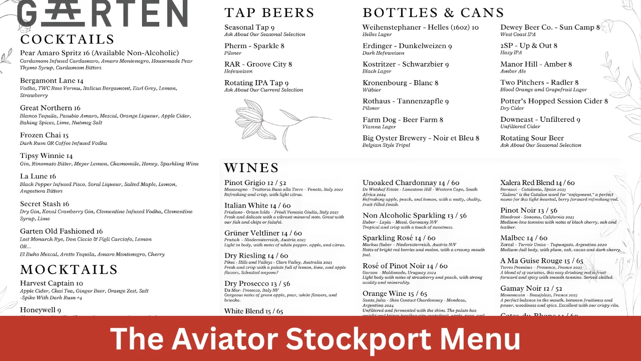 The Aviator Stockport Menu