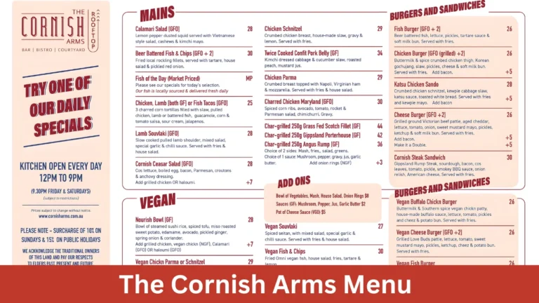The Cornish Arms Menu