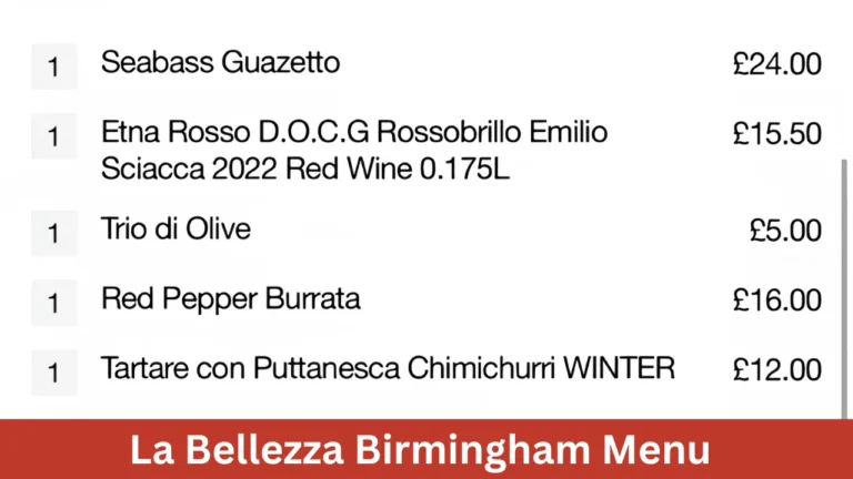 La Bellezza Birmingham Menu