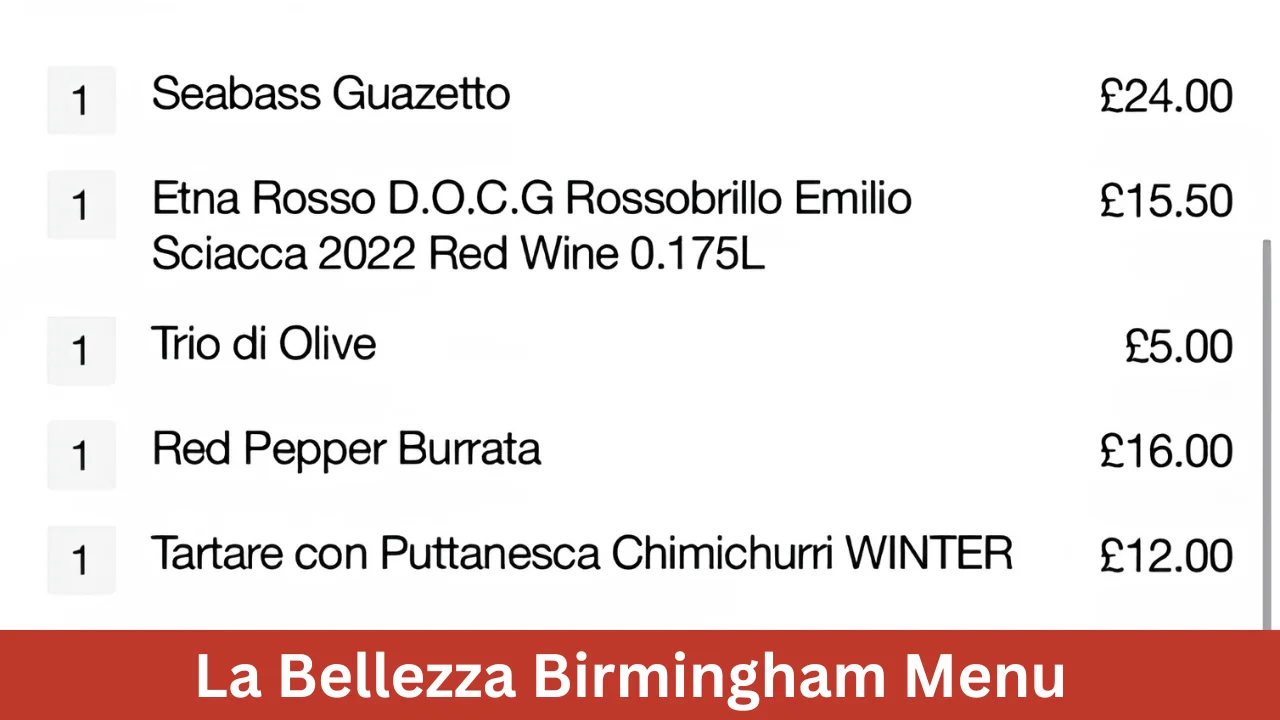 La Bellezza Birmingham Menu