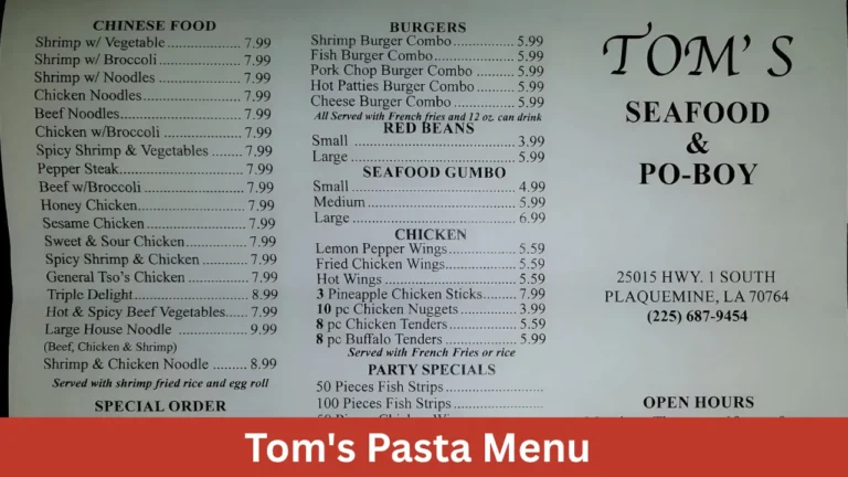 Tom's Pasta Menu